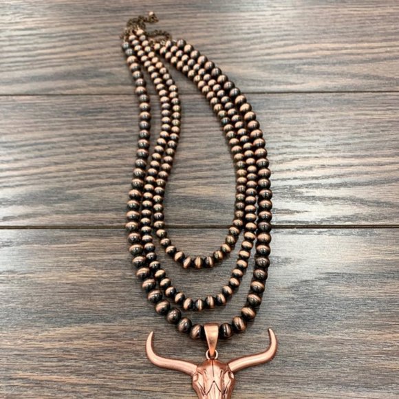 Steer Skull Cow Navajo Pearl Necklace Copper - Picture 3 of 3